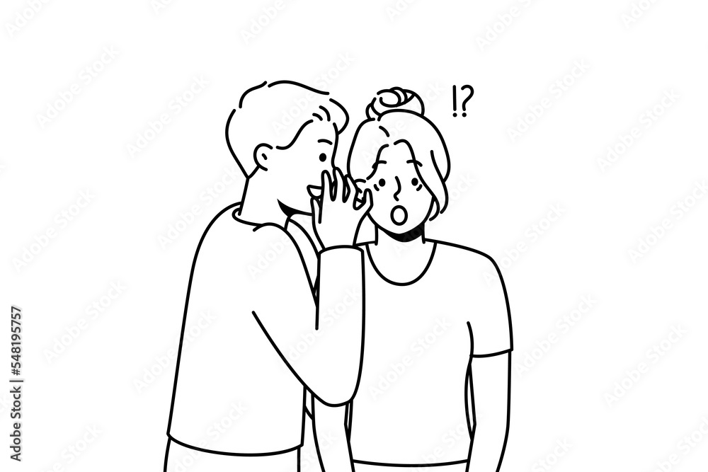 Young man whisper secret to stunned woman ear. Male tell secret hidden information to astonished female. Secrecy and gossip. Vector illustration. Young man whisper secret to stunned woman ear. Male tell secret hidden information to astonished female. Secrecy and gossip. Vector illustration.