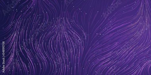 Dark Purple Curving, Bending, Flowing Energy Lines Pattern on Starry Sky - Modern Style Futuristic Technology, Science or Astronomy Concept Background, Generative Art, Creative Template, Vector Design