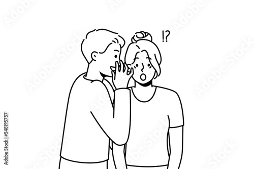 Young man whisper secret to stunned woman ear. Male tell secret hidden information to astonished female. Secrecy and gossip. Vector illustration. 