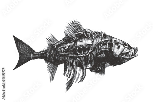 Fish skeleton. Fantastic Sea monster. Doodle sketch. Vector illustration. Isolated on white background.