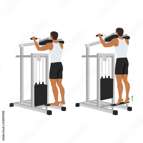 Man doing standing calf raise with assisted machine. Flat vector illustration isolated on white background