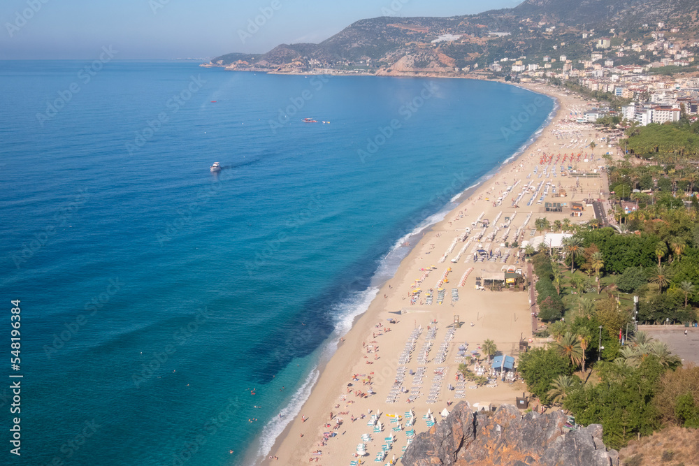Mediterranean coast and Cleopatra beach in Alanya city, view from the cableroad cabin