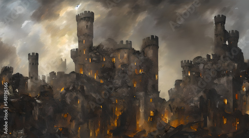 A concept art illustration of Crumbling Farum Azula. A location from Elden ring game. Levitating ruins of castle/fortress and colosseum spinning and flying around a huge tornado. Vortex and whirlwind photo