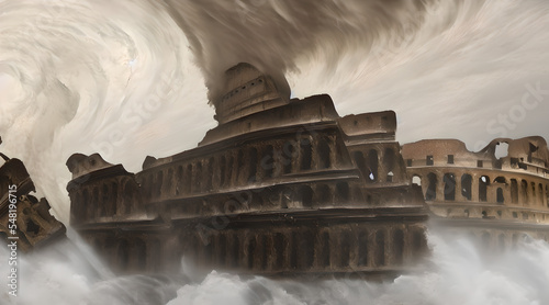 A concept art illustration of Crumbling Farum Azula. A location from Elden ring game. Levitating ruins of castle/fortress and colosseum spinning and flying around a huge tornado. Vortex and whirlwind photo