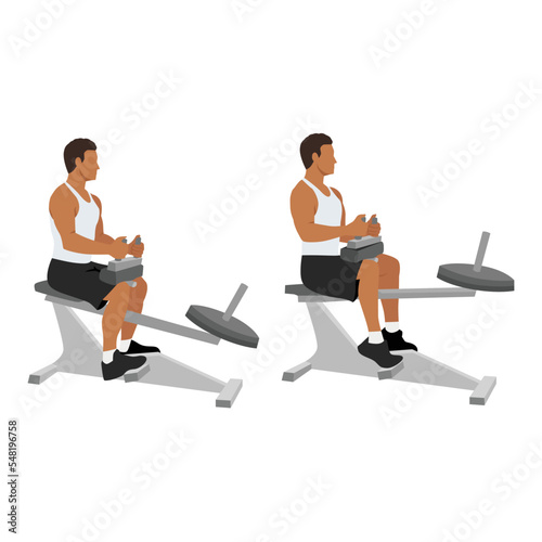 Man doing exercise using gym equipment. Seated calf machine raises. Flat vector illustration isolated on white background