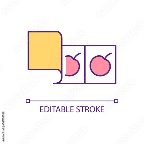 Picture guessing game RGB color icon. Sticker with two cherry. Create curiosity. Conundrum solving. Isolated vector illustration. Simple filled line drawing. Editable stroke. Arial font used