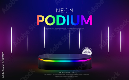 Colorful rgb neon ellipse podium with white fluorescent tube on black background for product display, Vector illustration