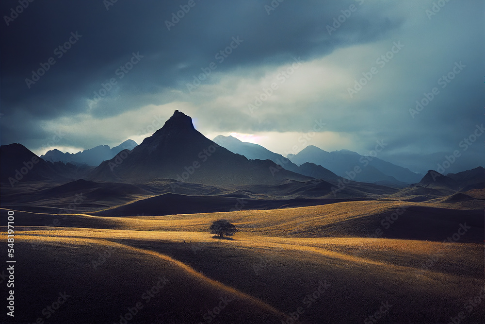 dramatic landscape with lonely tree and rising mountain overcast sky
