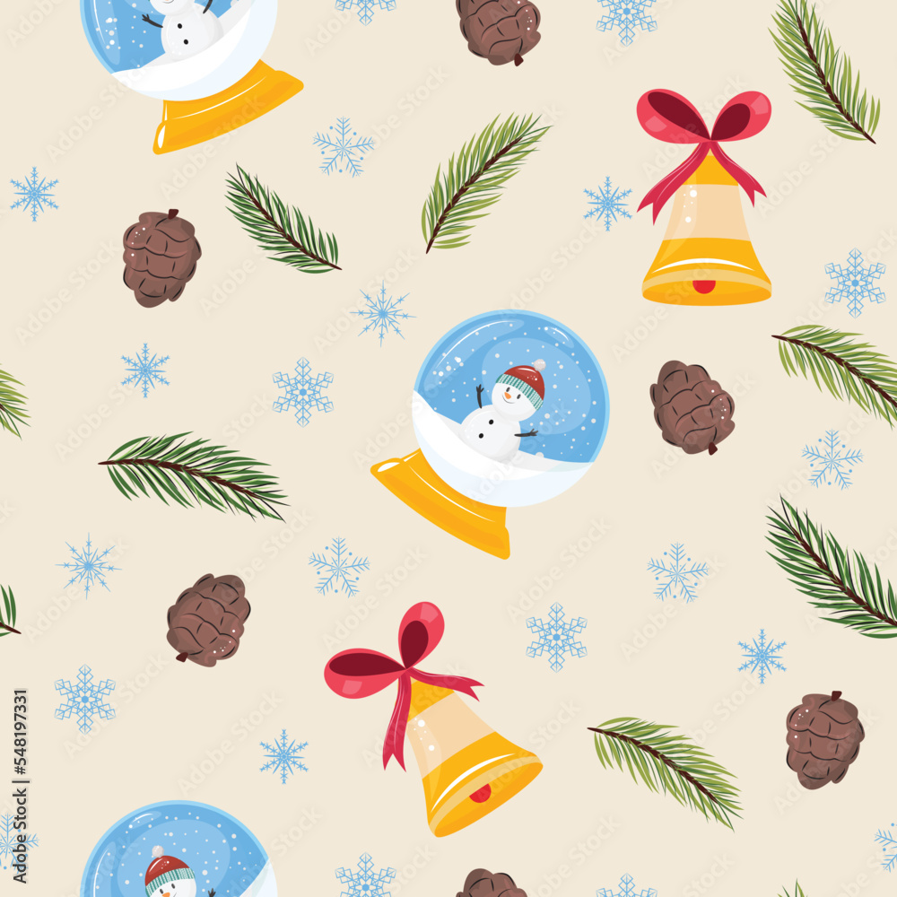 Christmas seamless pattern with snow globe, snow man, pine branches, pine cones, good bell and snow flakes.For textile, paper, wallpaper, packaging, cards. Vector seamless pattern. Christmas seamless pattern with snow globe, snow man, pine branches, pine cones, good bell and snow flakes.For textile, paper, wallpaper, packaging, cards. Vector seamless pattern.