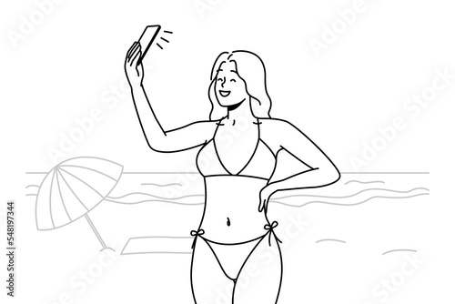 Smiling sexy young woman in bikini make self-portrait picture on cellphone on beach. Happy girl in swimsuit take selfie on smartphone on shore. Vector illustration. 