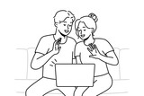Smiling couple sit on sofa wave talk on video call on computer. Happy man and women have fun enjoy webcam conversation on laptop. Vector illustration. 