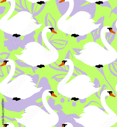 Abstract Hand Drawing Beautiful Swans Seamless Vector Pattern with Flowers and Leaves Isolated Background