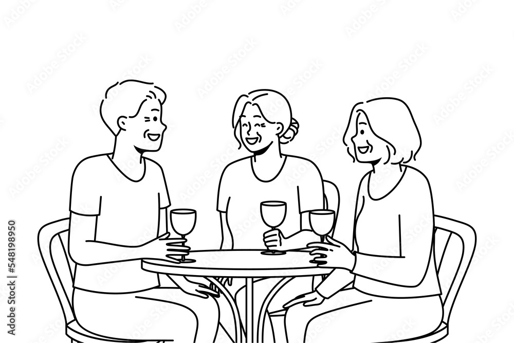 Smiling elderly people sit at table in restaurant drink wine laughing relaxing together. Joyful mature friends enjoy time in cafe. Happy maturity. Vector illustration. 