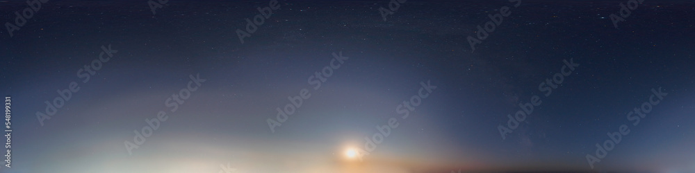 Arch of Milky Way above Full Moon in night sky. Seamless hdr spherical equirectangular 360 panorama. Sky dome or zenith for 3D visualization, game and sky replacement for aerial drone 360 panoramas.