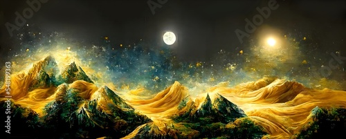 Foto 3d modern art mural wallpaper, night landscape with dark turquoise mountains, dark black background with stars and moon, golden trees, and gold waves