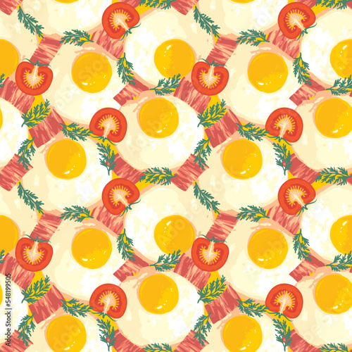Appetizing seamless pattern with fried eggs, delicious bacon, dill and tomato. Vector background with tasty eggs for breakfast on an emerald backdrop. Suitable for wallpaper, wrapping paper, fabric