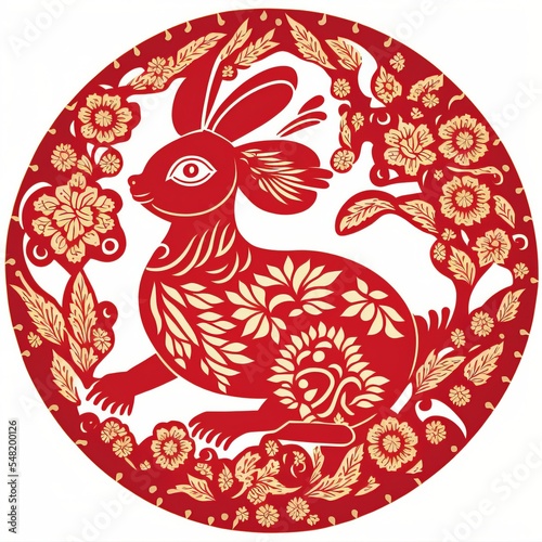 Hare decorated with flowers. Beautiful rabbit bunny. chinese new year lunar zodiac. Easter  Moon festival celebrations.