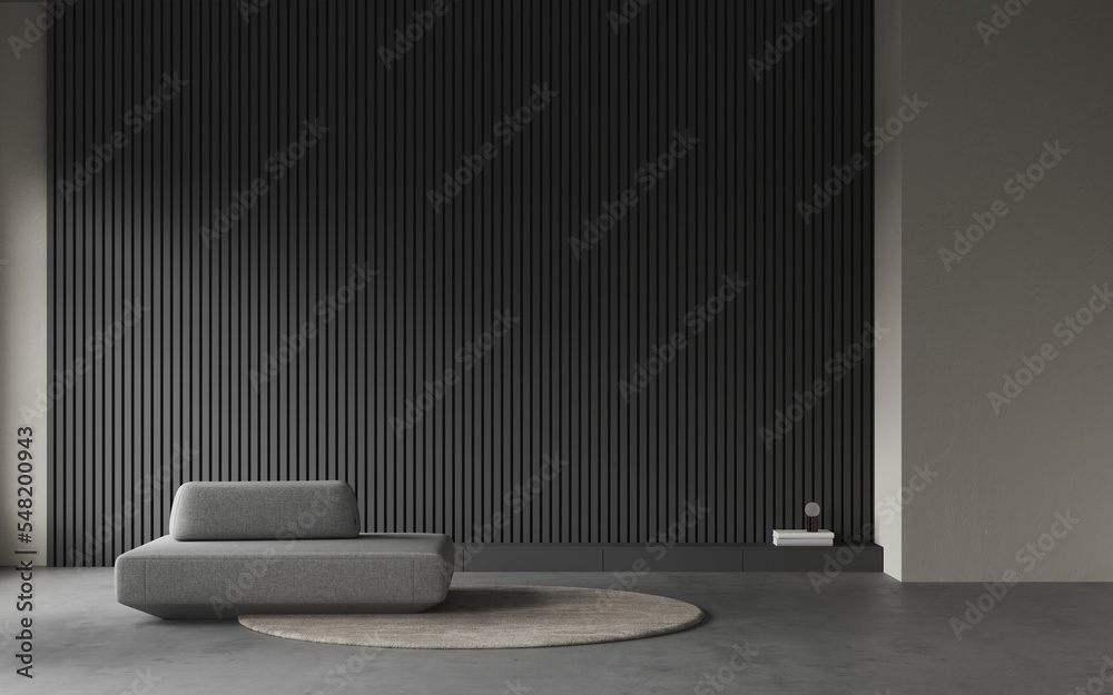 Aesthetic modern minimalist living room with a grey sofa. Decorative wall with black embossed panels, carpet on concret floor. Frame mockup Aesthetic modern minimalist living room with a grey sofa. Decorative wall with black embossed panels, carpet on concret floor. Frame mockup