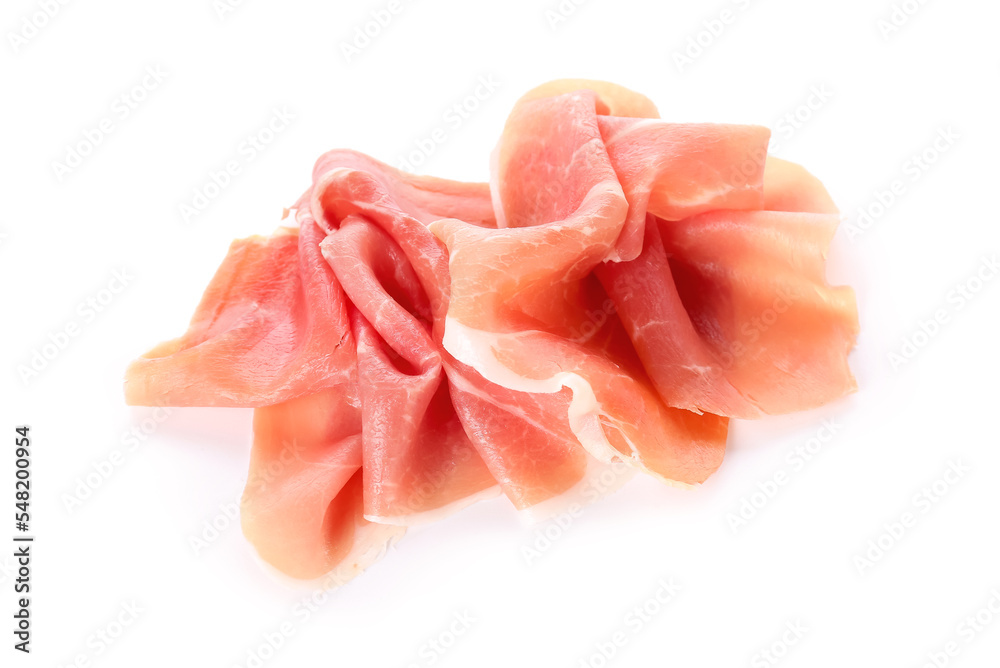 Heap of tasty sliced ham on white background