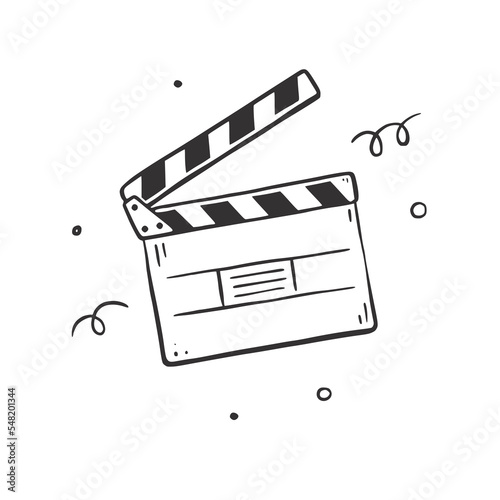 Film clapperboard doodle. Hand drawn sketch action clapper. Movie prodaction element. Vector illustration.
