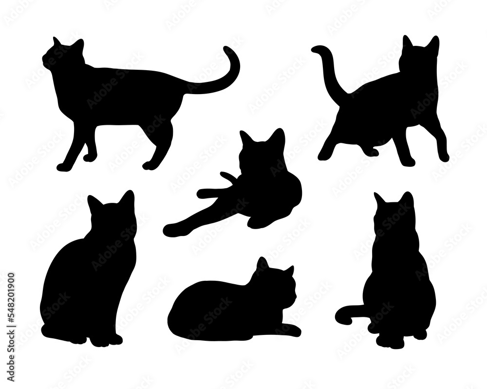 Black Cat Silhouette Abstract Set in different poses. Sitting, standing, running etc. Icon, Logo vector illustration.