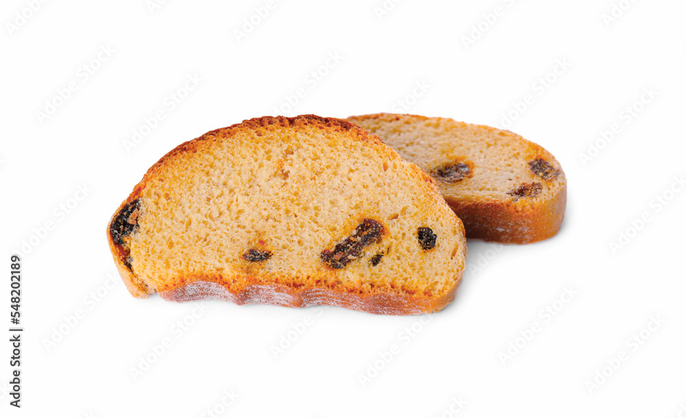 Sweet hard chuck crackers with raisins on white background