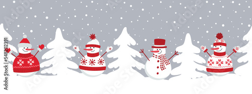 snowmen rejoice in winter holidays. Seamless border. Christmas background. Four different snowmen in red winter clothes and fir trees. template for greeting card. Vector illustration