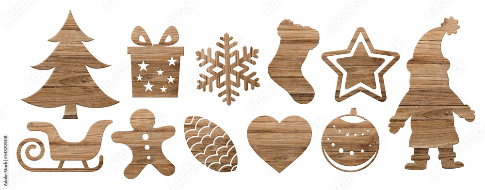 Symbole de Noël en bois pour ornement et décoration, sapin, cadeau, Père-Noël, étoile...
