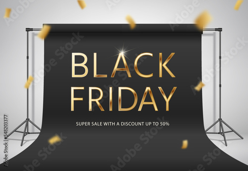 Black Friday Super Sale, special offer. Opening party with gold confetti. Photo studio with black background. Premium certificate. Special price. Discount coupon. 3d render design. 50% discount. 