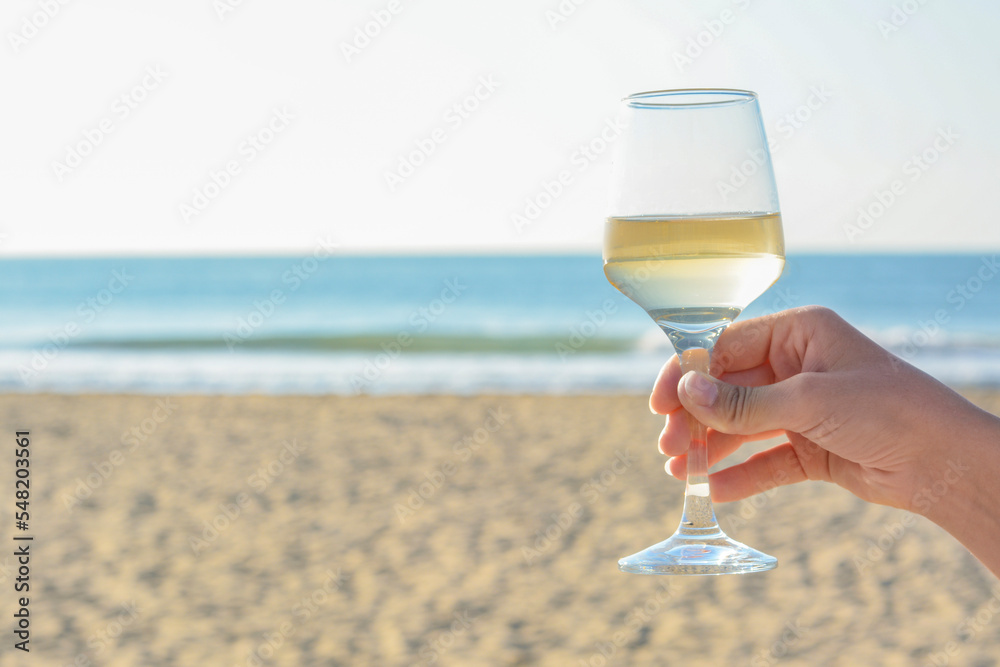 Woman with glass of tasty wine near sea, closeup. Space for text