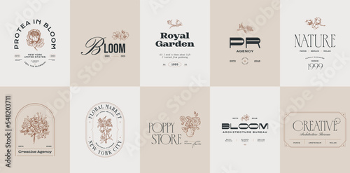Hand drawn line art minimal vector logo design template collection. Botanical illustration of elegant signs and badges for beauty, creative agency, cosmetics, spa and wellness, fashion, wedding.