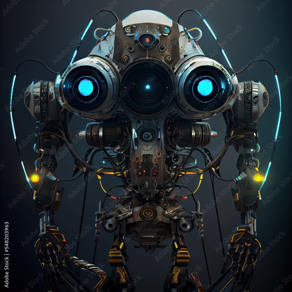 Robotic observer made with metals, cables and wires, in style of cyberpunk. Gorgeous illustration generated by Ai.