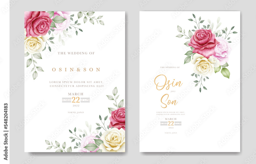 Wedding Invitation card With Floral Roses watercolor 