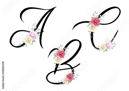 Floral Alphabet Set with flowers bouquet composition 
