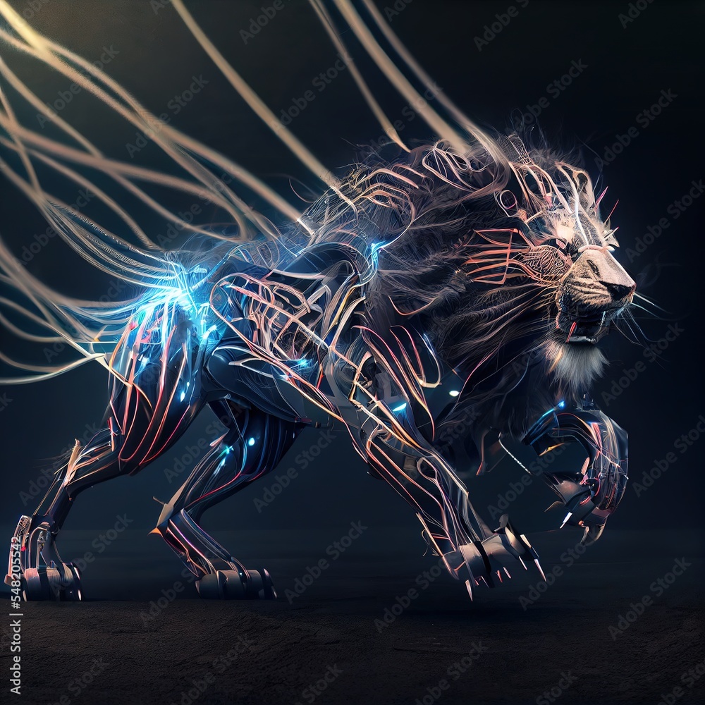 Robotic lion made with metals, cables and wires, in style of cyberpunk. Stunning illustration generated by Ai.