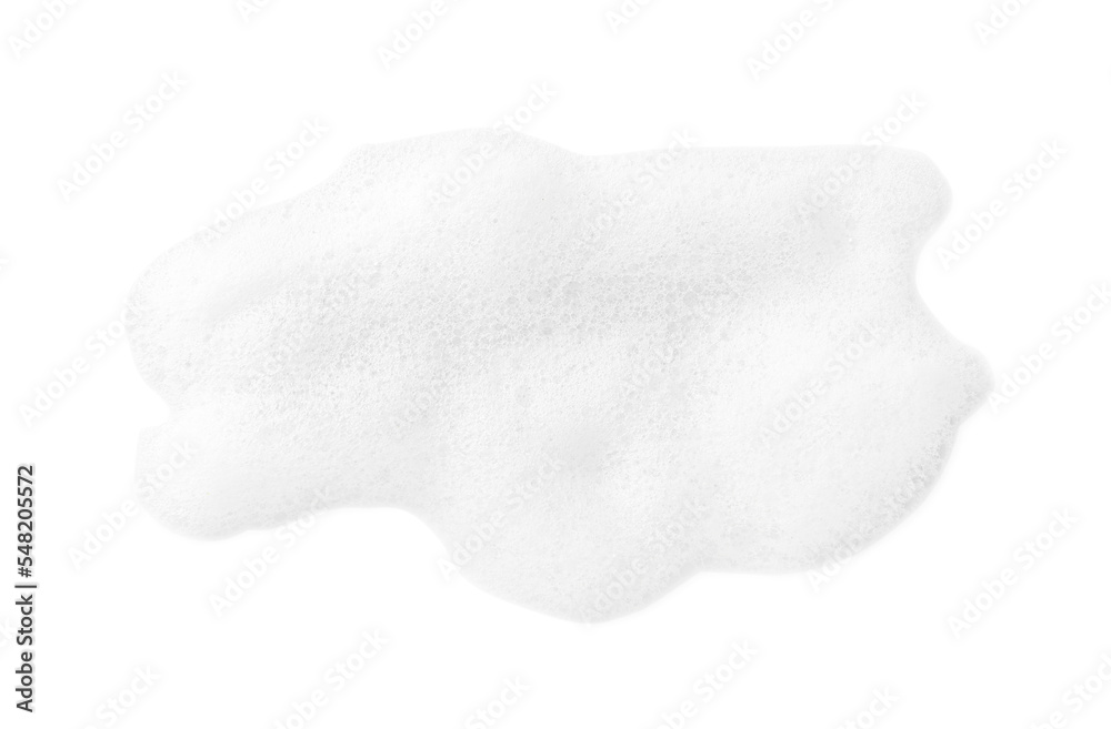 Drop of fluffy soap foam isolated on white, top view - obrazy, fototapety, plakaty 