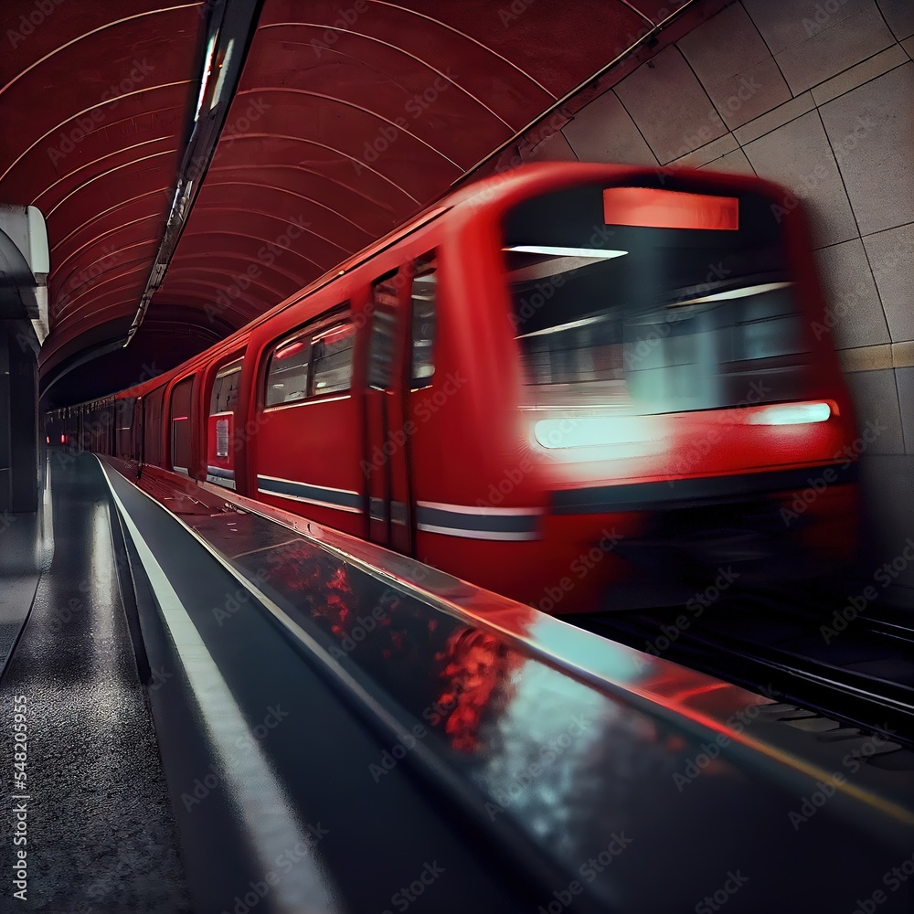 Red subway train arriving at the station. Blurred motion. Photorealistic illustration generated by Ai Red subway train arriving at the station. Blurred motion. Photorealistic illustration generated by Ai