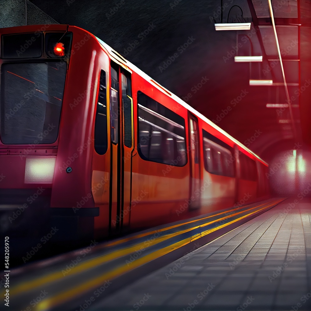Red subway train at the platform. Blurred motion. Photorealistic illustration generated by Ai