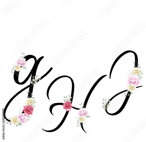 Floral Alphabet Set with flowers bouquet composition ,