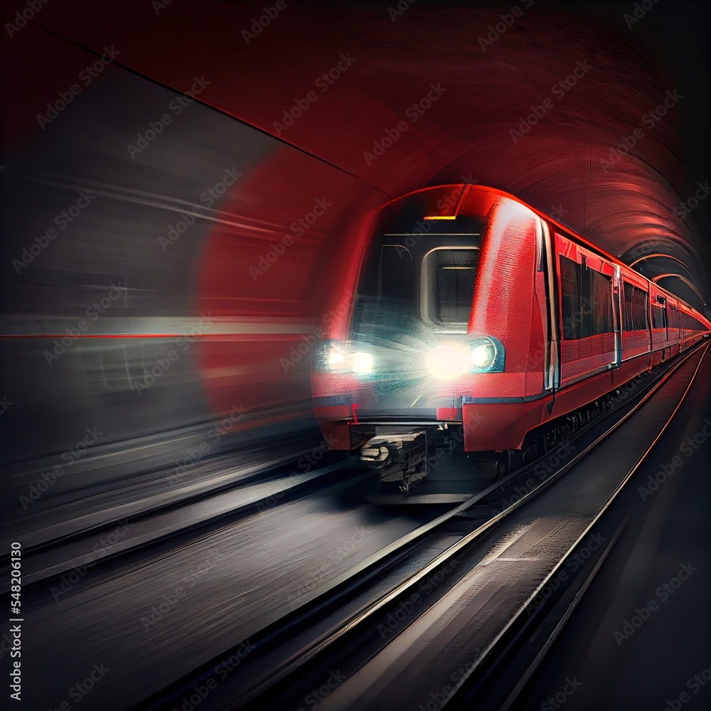Naklejka premium Red underground train in the tunnel. Blurred motion. Photorealistic illustration generated by Ai
