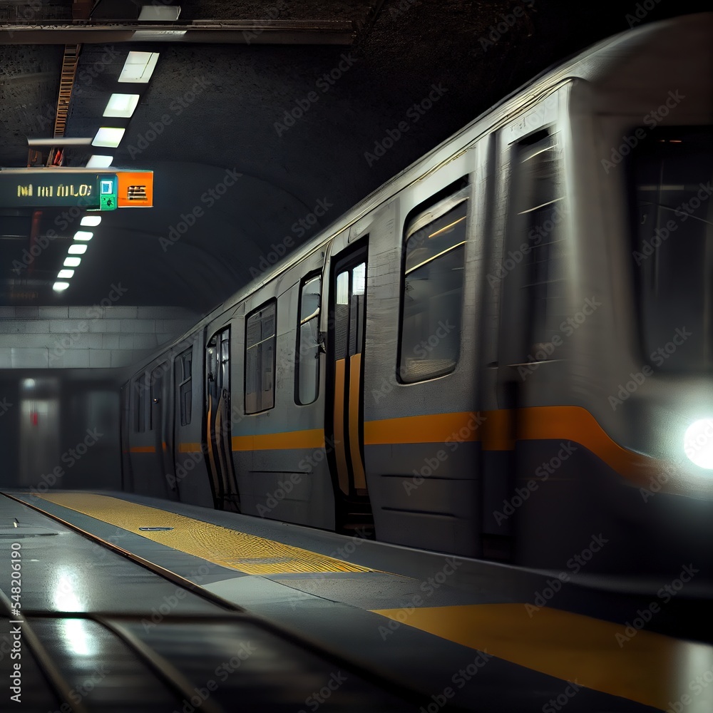 Obraz premium Subway train at the platform. Blurred motion. Photorealistic illustration generated by Ai
