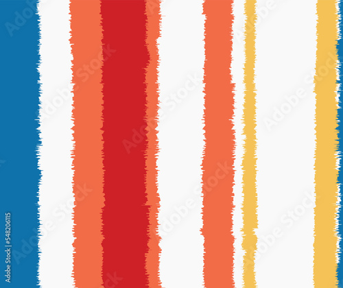 Washed orange, yellow, white red blurry wavy ikat seamless pattern. Aquarelle effect boho fashion fabric for coastal nautical stripe wallpaper background. Stripe with blurry gradient tileable swatch.