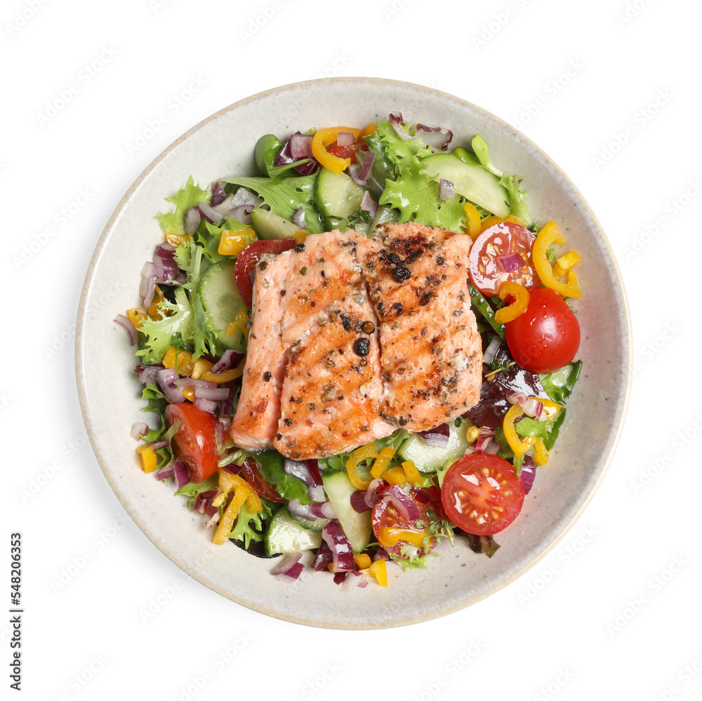 Bowl with tasty salmon and mixed vegetables on white background, top view Bowl with tasty salmon and mixed vegetables on white background, top view
