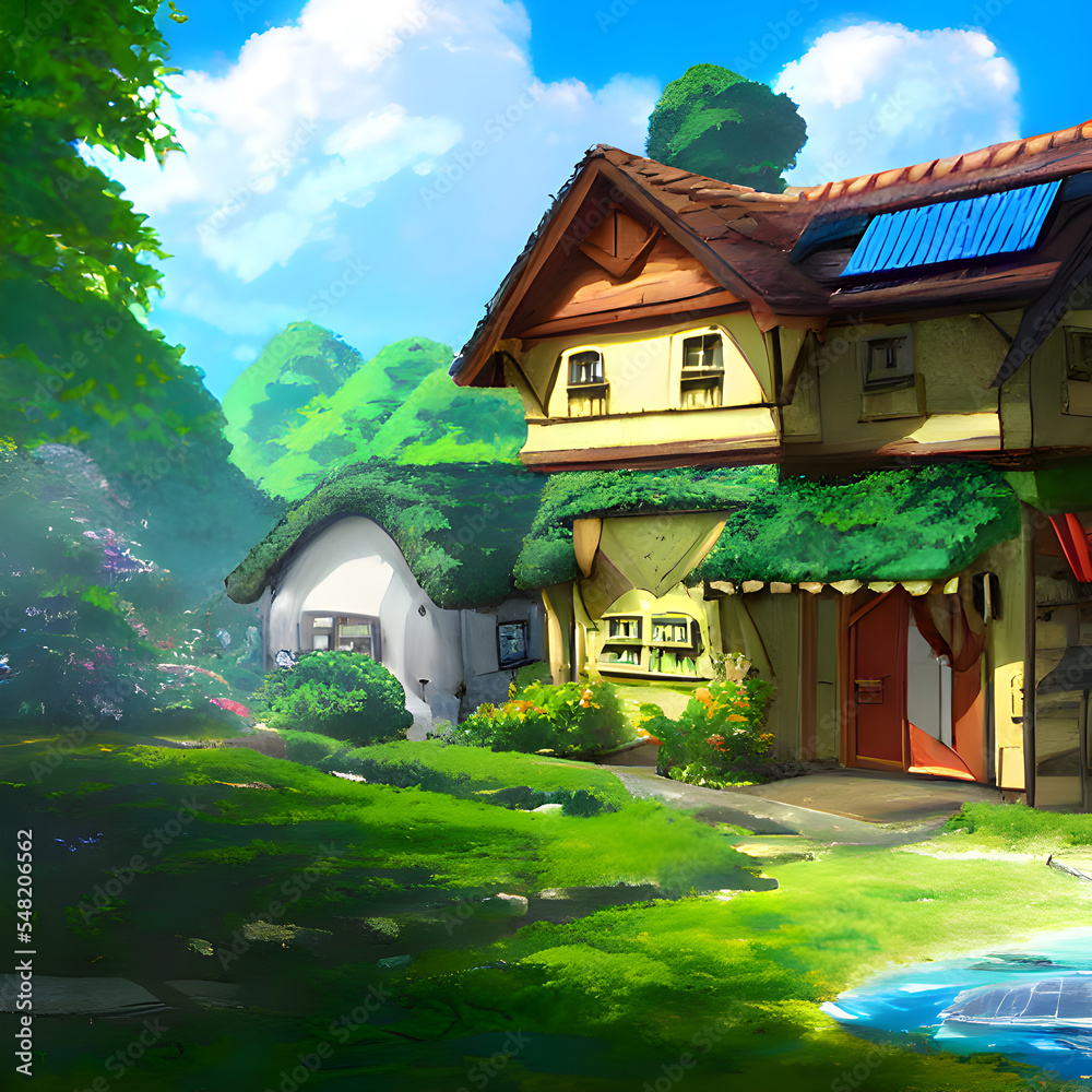 アニメの世界のような町や家のある風景。
