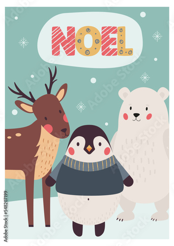 noel christmas card with cute winter animals turquoise background