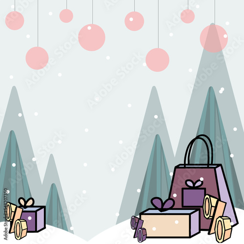 gift bags for sale on the background of Christmas trees and snow