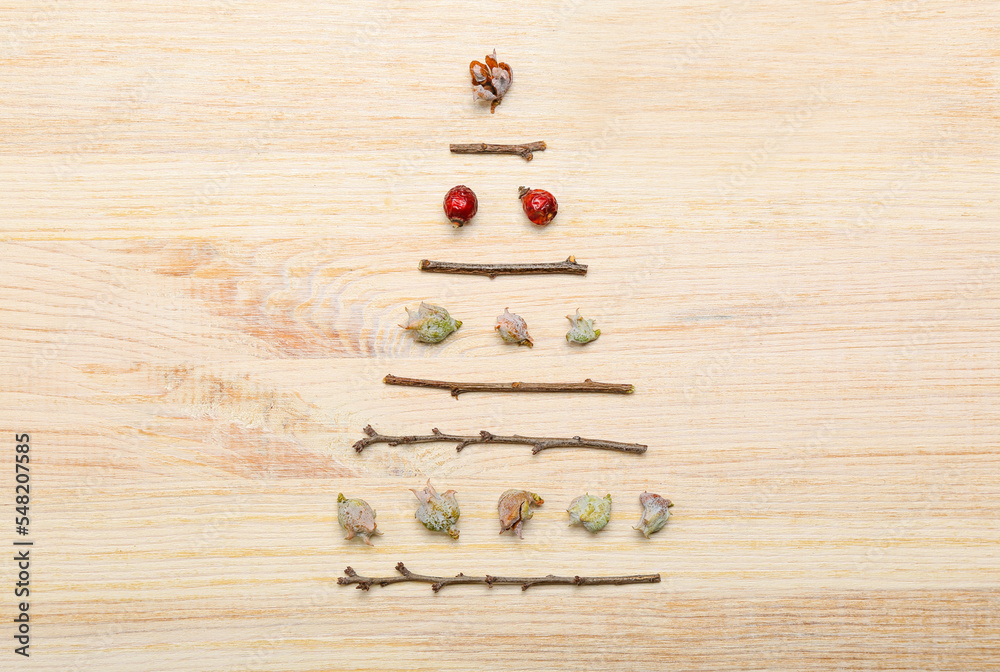 Christmas tree made of branches and cones on wooden background Christmas tree made of branches and cones on wooden background