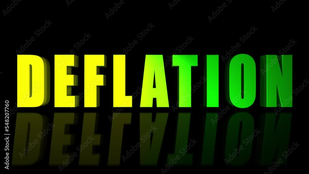 Animation of deflation text appearing from a flame and heat wave on reflective surface.motion graphic with 3d letters.deflation concept.