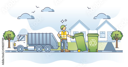 Bin collector occupation and garbage container emptying task outline concept. Work with urban dump vehicle and disposal service vector illustration. Trash sanitation profession and dirty dumpster job.