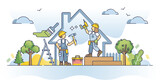 Construction worker and professional builder skills outline concept. Build family home project with carpenter, craftsman, handyman and contractor services vector illustration. Renovation process.